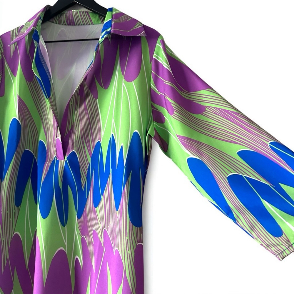 Women's Abstract Collared Dress Size L Green Purple - Picture 3 of 6